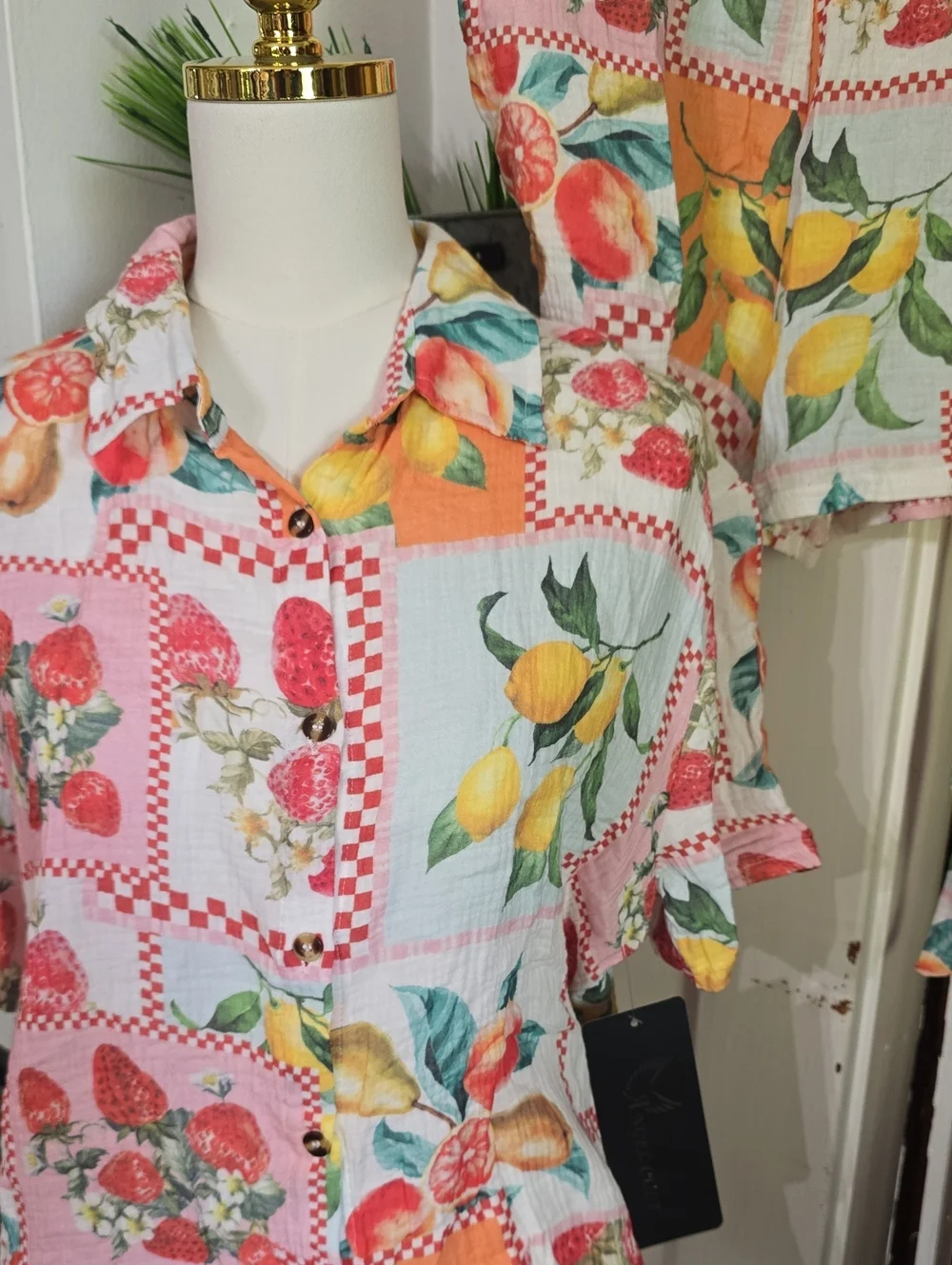 Women's Muslin Gauze Lemon Multi Fruit-Print Button Shirt Shorts Set Nwt